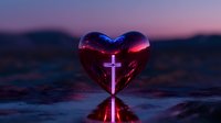 Glowing cross inside red glass heart against purple sunset sky, reflecting on wet surface. Spiritual love concept for religious and faith designs.
