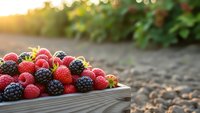 Fresh mixed berries strawberries raspberries blackberries in wooden crate outdoors with natural sunlight and bokeh background for healthy eating.