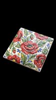 Decorative ceramic tile with red poppy floral folk art pattern, isolated on transparent background, ready for stickers, print on demand, and T-shirt design use.