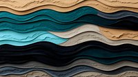 Abstract layered waves in turquoise, beige, navy and gray create dynamic pattern with paper cut effect and textured shadows. Seamless horizontal design for backgrounds.
