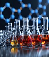 Laboratory glassware with colorful liquids against molecular structure background, representing scientific research in chemistry or pharmaceuticals.
