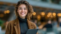 Young professional woman with curly blonde hair smiling confidently while holding laptop in modern office environment with warm bokeh lighting.