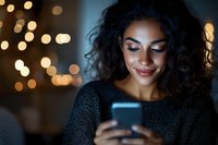 Young African American woman with curly hair smiling while using smartphone in dark room with bokeh lights background, wearing black sparkly top. Soft evening mood.