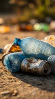 Plastic bottles and aluminum cans scattered on ground creating environmental pollution and waste management concept for recycling awareness campaigns.