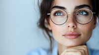 Young professional woman with round eyeglasses and blue eyes in modern office setting for business and career concepts.