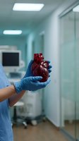 Medical professional in blue scrubs and gloves holding anatomical heart model in hospital corridor, cardiology healthcare concept.