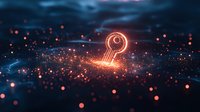 Glowing key symbol with orange light particles floating on dark background, digital security concept visualization for cybersecurity and access control solutions.