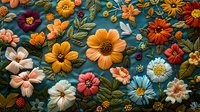 Vibrant floral composition with colorful daisies, cosmos and wildflowers on dark teal background. Arrangement features orange, pink, red and blue blooms with green foliage.