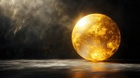 Golden moon rising over dark ocean surface with dramatic cloudy sky and moonlight reflection creating mystical atmospheric scene for fantasy or science fiction backgrounds.