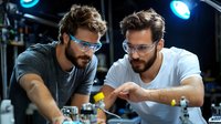 Two bearded male scientists in protective eyewear conducting laboratory research, examining samples together at workstation with blue lighting and equipment.