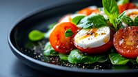 Fresh caprese salad with mozzarella cheese, cherry tomatoes and basil leaves on black plate. Healthy Mediterranean cuisine for restaurant menu design.