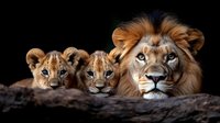 Male lion with two cubs peering over dark rock formation against black background, dramatic lighting highlights their facial features and manes. Wildlife family portrait.