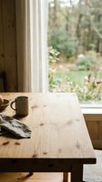 Wooden table with metal mug and cloth napkin near window overlooking green forest garden, natural daylight interior for home decor and lifestyle content.