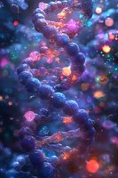 Glowing DNA helix structure with vibrant blue, pink and orange particles against dark background, molecular science concept for genetics and biotechnology research.