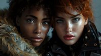 Close-up portrait of two diverse women with contrasting features - one with curly hair and dark skin, another with red hair, freckles and light skin, wearing winter clothing.
