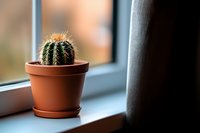 Small round barrel cactus in terracotta pot on windowsill with natural light, shallow depth of field creates soft blurred background for home decor and gardening.