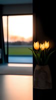 Glowing tulips in burlap vase against window at sunset, creating dramatic light and shadow contrast with warm illuminated flowers and peaceful outdoor view.