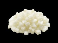 Diced white onion pieces isolated on transparent background, ready for culinary design, recipe graphics, food packaging, cooking blogs, restaurant menus, and print-on-demand kitchen products.