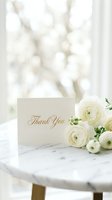 Elegant thank you card with gold script beside white ranunculus flowers on a marble table, soft bokeh background for wedding stationery.