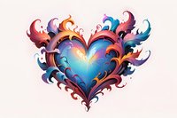 Vibrant decorative heart with swirling ornamental flames in blue, orange, and purple colors on white background, perfect for romantic designs, valentines cards and creative projects.