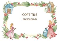 Watercolor floral frame with fairy tale characters and decorative birdhouses creates enchanting border for children's stories and fantasy designs.