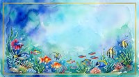 Watercolor underwater scene with colorful tropical fish, coral, and seaweed framed by a gold border with copy space for text.