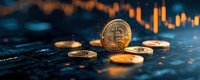 Golden cryptocurrency coins on dark surface with glowing trading chart in background, dramatic lighting creates modern financial atmosphere.