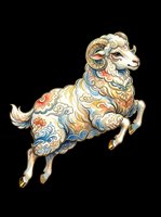 Ornate decorative ram with curled horns and intricate patterned coat in gold, blue, and coral tones, isolated on transparent background ready for t-shirt design, stickers, and print-on-demand products.