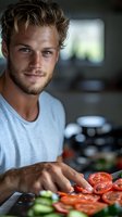 Young athletic man with beard slicing fresh vegetables in modern kitchen. Natural lighting highlights his confident smile while preparing healthy meal.