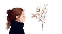 Young Asian woman with hair bun in navy turtleneck sweater looking at delicate pink branch, side view portrait in minimal artistic style. Digital art illustration.