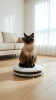 Siamese cat sitting on robotic vacuum cleaner in modern living room with beige sofa and natural light from window creating peaceful domestic scene.