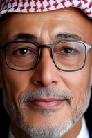 Close-up portrait of mature Middle Eastern man wearing traditional keffiyeh headdress and modern glasses, with gentle smile and gray beard against dark background.
