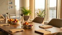 Modern dining room interior with wooden table set for breakfast featuring fresh fruit bowls and glass bottles in warm natural sunlight streaming through windows.