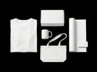 Branded merchandise mockup set with t-shirt, mug, tote bag, box, and rolled poster, isolated on transparent background, ready for print on demand and sublimation design.