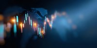 Financial market graph with glowing candlesticks showing stock price movement on dark blue background, modern business analytics and trading concept.