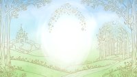 Enchanted fairy tale landscape with castle on hill, magical forest and ornate floral border frame in soft pastel green tones for storybook illustrations.