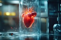 Glowing anatomical heart suspended in glass container with energy sparks in laboratory setting, medical research concept.