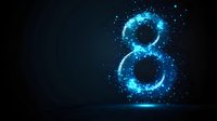 Glowing number eight formed by luminous blue particles and sparkles floating against dark background, creating magical light effect.