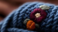Detailed embroidered flowers on blue knitted wool texture, burgundy and orange floral pattern on cozy winter fabric, macro photography with soft focus.