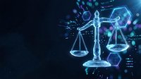 Digital justice scales with glowing blue holographic elements and data visualization effects on dark background for legal technology concepts.