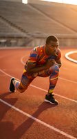 Young Black male athlete in colorful sportswear lunging on a red running track at sunset, stadium in background, focused expression.