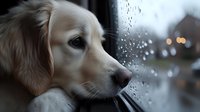 Cream-colored retriever gazing out rainy window with water droplets, expressing loneliness and longing during stormy weather. Suitable for pet care, emotional storytelling, and animal behavior content.
