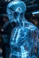 Glowing blue translucent anatomical model showing detailed human nervous system and brain structure against dark background, side view of medical visualization.