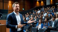 Confident male speaker in business attire gestures while presenting to large audience in modern auditorium. Professional corporate training or educational lecture setting.