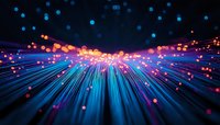 Glowing fiber optic cables emit vibrant blue light with orange and pink bokeh effects against dark background, creating futuristic technology perspective.