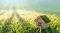Small wooden house model with moss roof sitting in fresh green grass field with soft sunlight and bokeh background for eco living concepts.