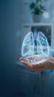 Holographic lungs floating above open hands in medical office environment showcasing respiratory health technology and healthcare innovation concepts.