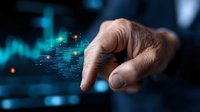Finger touching digital graph with glowing data points and financial chart visualization on dark background, representing market analysis and trading technology.