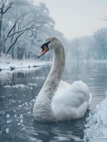 Majestic white swan swimming in misty winter lake with snowy banks and bare trees creating ethereal atmosphere. Perfect for nature and wildlife publications.