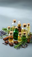 Collection of essential oil bottles with cork stoppers surrounded by fresh herbs, spices and aromatherapy ingredients for natural wellness and spa treatments.